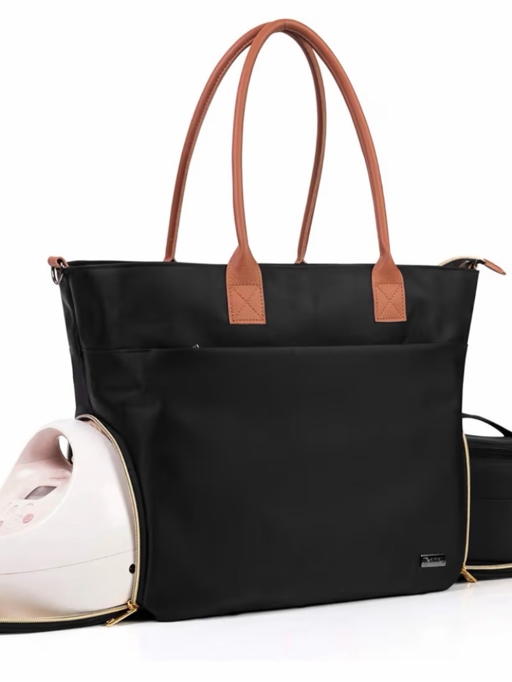 Teamoy Black Breast Pump Tote with Tan Leather Handles
